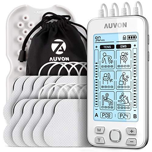 20% DESCUENTO AUVON Electroestimulador TENS de 4 salidas, TENS EMS para terapia de alivio del dolor con masajeador de pulso eléctrico de 24 modos, 10 piezas de electrodos premium de 2″x 2″ con diseño patentado