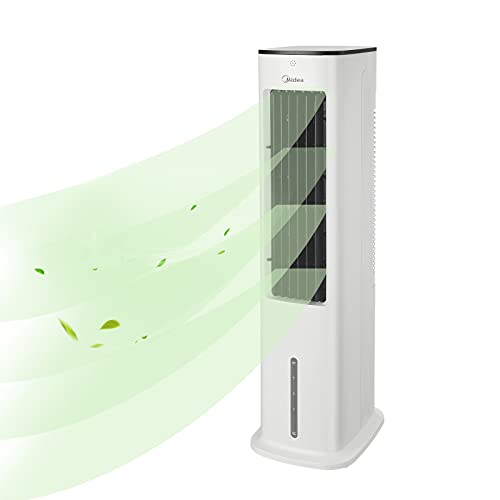 OFERTÓN SUPREMO 87% DESCUENTO Midea Enfriador de Aire 4 en 1, Ventilador con Refrigeración por Agua de 5L, Humidificador e Ionización, Aire Acondicionado sin Manguera de Escape, 355m³/h, con Control Remoto,55W,Blanco