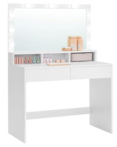 20% DESCUENTO VASAGLE Tocador, Mesa de Maquillaje con Espejo y Luces LED con Brillo Ajustable, 2 Cajones y 3 Compartimentos, Moderno, Blanco Nube RDT120T10