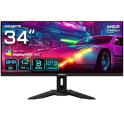 Gigabyte M34WQ 34″ Monitor de Juego WQHD 3440 x 1440, 144Hz, 1ms, 400 CD/m², FreeSync Premium, DisplayHDR400, HDMI 2.0, Displayport 1.4