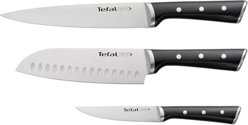 20% DESCUENTO Tefal Ice Force Set de 3 cuchillos: Rebanador 20 cm, Santoku 18 cm, Utilitario 11 cm, acero inoxidable con mango ergonómico negro, K232S3