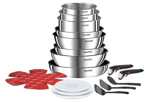 26% DESCUENTO Tefal Ingenio Emotion Juego de 3 sartenes + 3 cazos + guisera + 2 mangos extraíbles + 3 tapas de plástico + 3 accesorios + 4 protectores, apta para inducción, revestimiento antiadherente, apilables