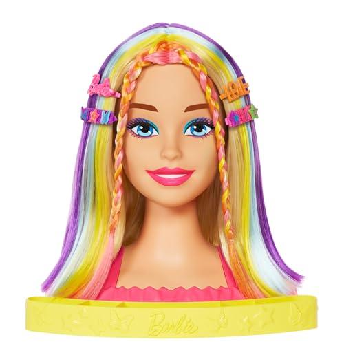 20% DESCUENTO Barbie Totally Hair Color Reveal Busto para peinar exclusivo, cabeza de muñeca Barbie para peinar con pelo liso rubio, mechas multicolor neón y accesorios, HMD78
