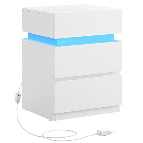 22% DESCUENTO VASAGLE Mesita de Noche con Tira de Luz LED Multicolor Variable, 3 Cajones, Mesa Auxiliar, Estilo Moderno, 35 x 40 x 55 cm, Blanco LET630T10
