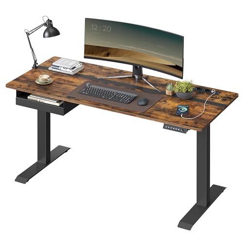 26% DESCUENTO VASAGLE Escritorio Regulable en Altura, Mesa Regulable, Enchufe y CajÓn, 60 x 140 cm de Encimera, Ajuste Continuo, 4 Funciones de Memoria de Altura, MarrÓn RÚstico y Negro LSD114X01