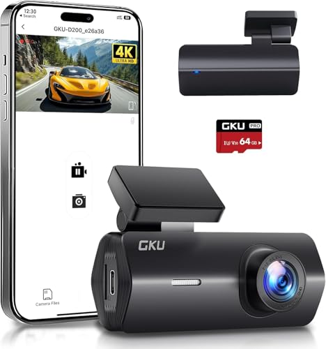 30% DESCUENTO Cámara de Coche WiFi GKU Dashcam UHD 4K 2160P con Tarjeta 64G, Super Visión Nocturna, WDR, Diseño Ultra Compacto, Gran Angular 170°, Sensor G, Grabación en Bucle, Monitor de Aparcamiento 24H, MAX 256G