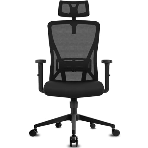Durrafy Silla Oficina Ergonómica, Silla de Escritorio con Reposacabezas Ajustable, Reposabrazos, Soporte Lumbar, Altura Regulable y Oscilación de 90° 120°, Silla Giratoria Capacidad de Peso 150kg