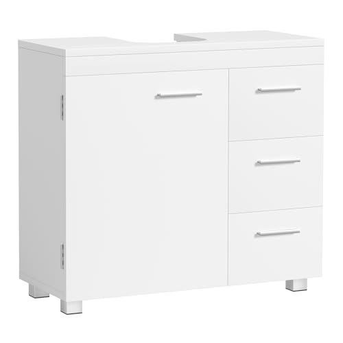 24% DESCUENTO VASAGLE Mueble Bajo Lavabo, Armario de Baño, 3 Cajones, 2 Compartimentos Detrás de la Puerta, Apto para Lavabos con Pedestal, con Pies, 30 x 70 x 64 cm, Blanco Nube BBK504W01