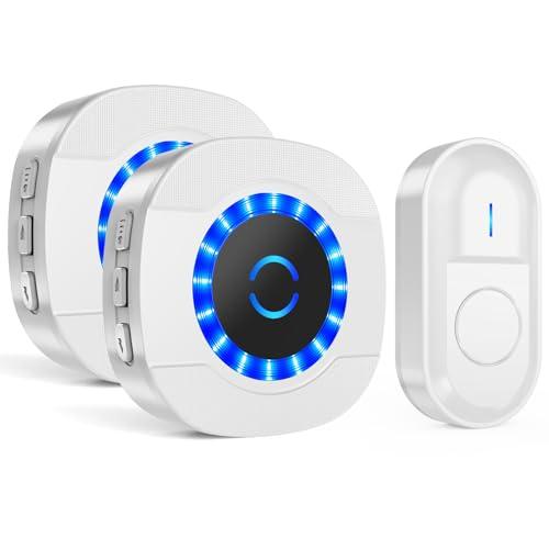 SURFOU Timbre Inalámbrico Exterior Impermeable con 2 Receptores Enchufe, Timbres para Puerta 300M de Alcance para Interior y Exterior, 55 Melodías Ajutables, 5 Niveles de Volumen, Indicador LED