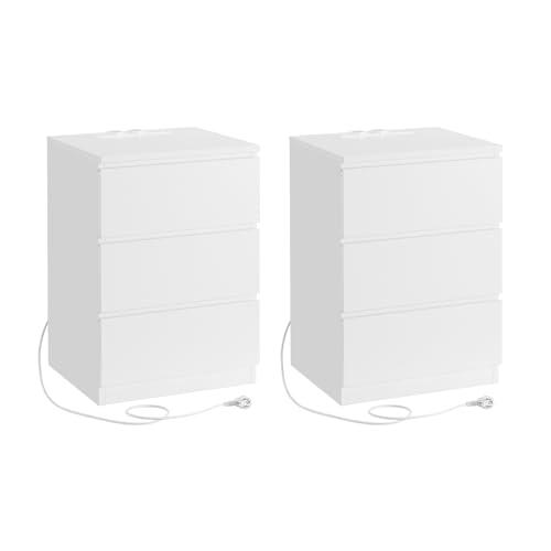 23% DESCUENTO VASAGLE Mesitas de Noche con Estación de Carga, Juego de 2, Mesas Auxiliares con 3 Cajones, 2 Tomas CA, 2 Puertos USB, para Salón, Dormitorio, Estudio, Moderno, Blanco Nube LET831W14