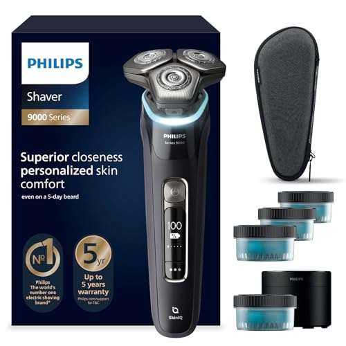 41% DESCUENTO Philips Serie 9000 Afeitadora Eléctrica Hombre, Máquina de Afeitar Barba con Recortadora, 60min de uso, En Seco y Húmedo, Recargable, Centro de Limpieza, Base Carga, 4 Cartuchos, S9976/63, Negro