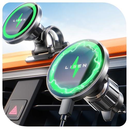 26% DESCUENTO LISEN 15W Cargador Magsafe Coche Inalámbrico, [20X Imans Fuerte] Soporte Móvil Coche Magsafe para Ventilación & Salpicadero, Magsafe Accesorios Coche para iPhone 16 Pro MAX 15 14 13 12
