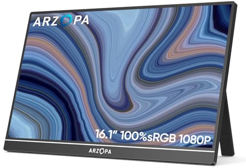 ARZOPA 16.1″ Monitor Portatil, de 1920×1080 FHD IPS Pantalla Portátil Monitor con Una Sola Varilla, Soporte HDMI/Type C/USB C, de Protección Ocular, para Computadora Portátil/PC/Mac/PS3/4/5/Xbox