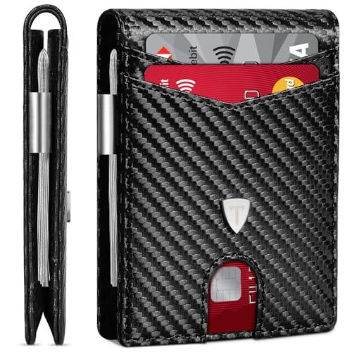 TEEHON Cartera para Hombre Slim Fibra de Carbono con Bloqueo RFID, Tarjetero Hombre Ranuras para Tarjetas de Crédito, Clip para Billetes, Cartera Hombre Bi Fold Negro. (Negro)