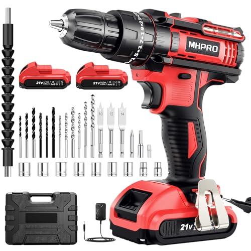 BUENA OFERTA 25% DESCUENTO MHPRO Taladro Percutor a Bateria 21V, Taladro Atornillador Bateria con 2 Baterías 2000mAh, 42Nm, 25+3 Ajuste de Par Destornillador Electrico, 30 Accesorios, 2 Velocidad, LED Luz Para Hogar, Bricolaje