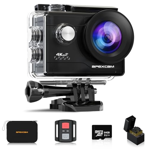 29% DESCUENTO Apexcam Cámara Deportiva 4K con Tarjeta de Memoria de 64GB WiFi Cámara subacuática Impermeable 40M Action Camera 2.0’LCD 170° Gran Angular 2.4G Remoto 2 baterías de 1050mAh y Accesorios Multiples