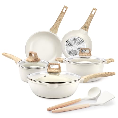 GiPP traje de olla antiadherente y pan, traje de cocina de inducción de 10 piezas, traje de cocina de granito antiadherente con sartén, saucepans, adecuado para todas las cocinas (Blanco, 10PCS A)