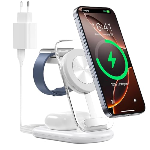 Estación de Carga inalámbrica 3 en 1 para mag Safe, Cargador magnético inalámbrico Plegable y Ajustable, Soporte de Carga de Viaje mag Safe con luz para iPhone 16/15/14, AirPods, Apple Watch, Blanco
