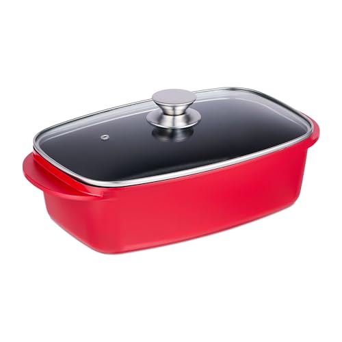 DESCUENTAZO 53% DESCUENTO Relaxdays Asador de Horno 5 L con Tapa de Cristal, Rustidera, Olla Antiadherente, para Placa Eléctrica y de Gas, Rojo, Acero Inoxidable, 16 x 39,5 x 22 cm