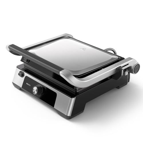 25% DESCUENTO Philips Grill de contacto Temperatura regulable. Gran superficie de grill y rendimiento de alta potencia. Placas antiadherentes extraíbles y bandeja recogegrasa. (HD6301/90)