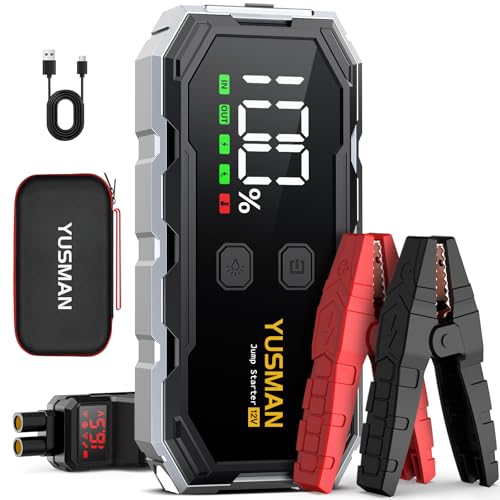 YUSMAN Arrancador de Coche, 6000A Arrancador de Baterias de Coche,12V Arrancador de Coche Portátil Con para ALL Gasolina o 10L Diesel, Linterna LED de Emergencia,Carga Rápida, Pantalla LCD extragrande
