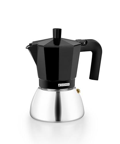 44% DESCUENTO Monix Induction Inox Cafetera Italiana de Aluminio y Acero Inoxidable, 6 tazas de capacidad, Mango termoresistente, Fácil de Lavar, Apta para todo tipo de Cocinas incluida Inducción, color negro