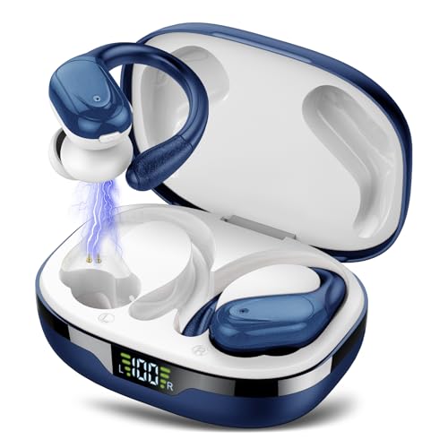 64% DESCUENTO CASCHO Auriculares Inalambricos, Auriculares Bluetooth 5.3 Deportivos con Gancho de la Oreja, 60H de Reproducción, Pantalla LED, Llamada ENC HD, Profundamente Bajo, IPX7 Impermeable(Azul Oscuro).