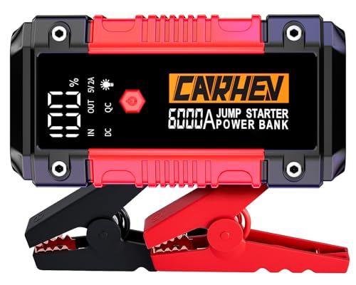 22% DESCUENTO CARHEV Arrancador de Coches 6000A, 26800mAh Arrancador de Baterias de Coches (para 10.0L de Gasolina o 10.0L de Diésel) 12V Portable Jump Starter con Linterna LED, Clips de Seguridad Inteligentes