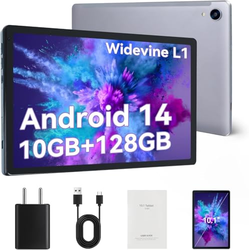 FECLYDET Tablet 10 Pulgadas, Android 14 Octa Core con 10GB RAM+128GB ROM(1TB TF), Widevine L1,Bluetooth 5.0, Cámara Dual, 5000mAh, WiFi6 (Gris)