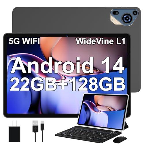 41% DESCUENTO Tablet 10 Pulgadas Android 14 con 22 GB RAM + 128 GB ROM (Ampliable a 1TB), Widevine L1 Tablets, 5G Wi Fi, GPS, 8000 mAh, 8 Cores 2.0 GHz, 5MP + 8MP, FHD Tablet con Teclado + Ratón + Funda, Gris Café