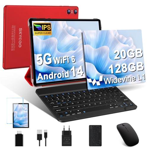 38% DESCUENTO SKYEGG Tablet 10 Pulgadas Android 14 con 20 GB RAM + 128 GB ROM (Ampliable a 1TB), Widevine L1, 5G Wi Fi 6, GPS, 8 Core, 8 MP + 5 MP, USB C Tablet con Teclado + Ratón + Funda, Rojo