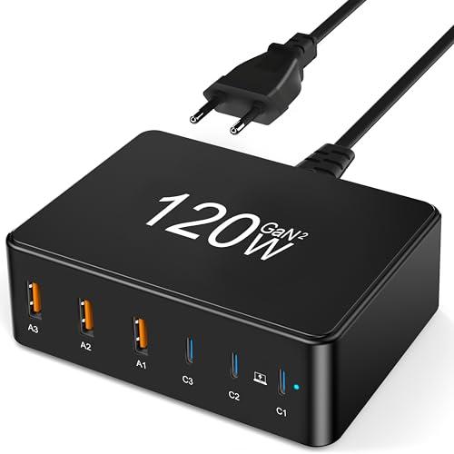 120W Cargador USB C, CKFN Estacion de Carga 6 Puertos, con 3 USB C y 3 USB A Cargador Rapido USB C, para Mac Book Pro, Cargador USB Multiple Compatible con Samsung iPh0ne i Pad Pro Air pod, Negra
