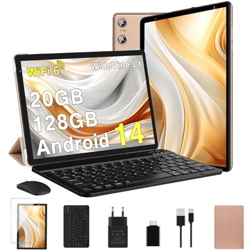 29% DESCUENTO Biegedy Tablet 10 Pulgadas Android 14, 20GB RAM + 128GB ROM + TF 1GB, Dual Band WiFi 6, Widevine L1 / 5 MP + 8 MP / 1280 * 800 / Bluetooth 5.0, Octa Core 1.8GHz Tablet con Teclado y Raton Oro