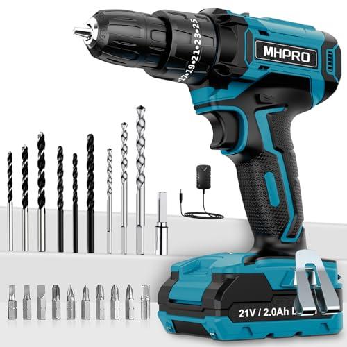 MHPRO Taladro Percutor a Bateria 21V, Taladro Atornillador Bateria, 42N.m Atornillador Electrico con Batería 2.0Ah, 25+3 Ajuste de Par, 24 Accesorios, 2 Velocidad, LED Luz Para Hogar, Bricolaje