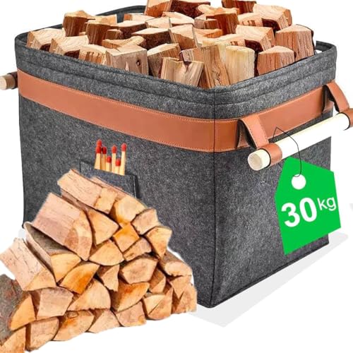 Uni Fine Cesta de madera de fieltro (42 x 32 x 32 cm, 43 L, cesta de leña con asa, cesta de fieltro extragruesa, también se puede utilizar como cesta de almacenamiento para compras y periódicos)