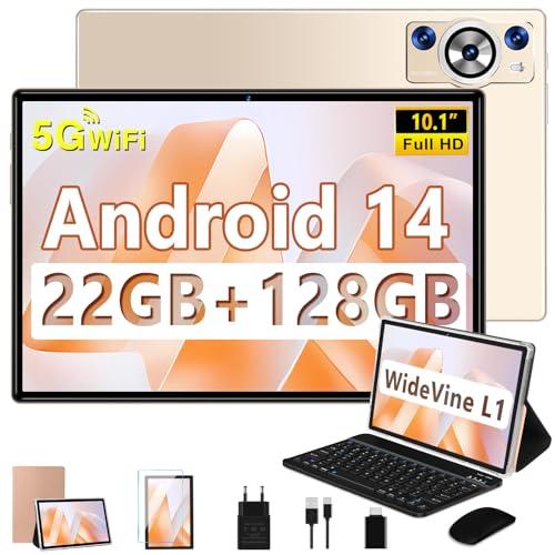 2025 Newest Tablet 10 Pulgadas Android 14, 22GB RAM+128GB ROM/TF 2TB, 8 Core 2.0 GHz, 8000mAh Batería, 5G WiFi, Widevine L1, GMS Certificado, BT5.0, Widgets, Tablet con Funda, Teclado y Ratón Oro
