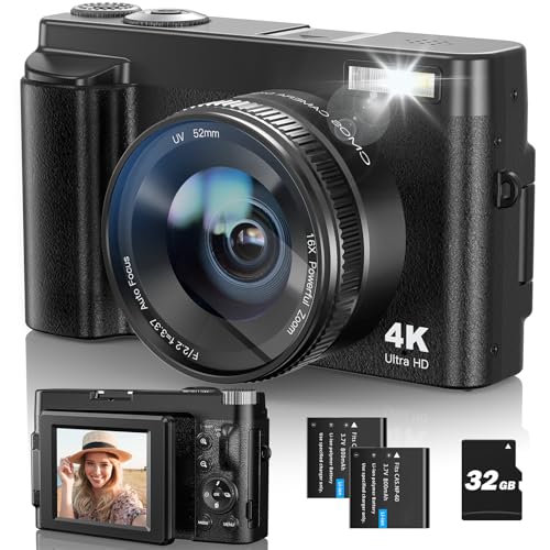 Cámara de Fotos, Cámara Digital 4K con Selfie 48MP 16X Zoom Antivibración con Enfoque Automático, Flash Incorporado Recargable Camara con 2 baterías, 1 Cargador de batería, 1 Micro SD de 32 GB