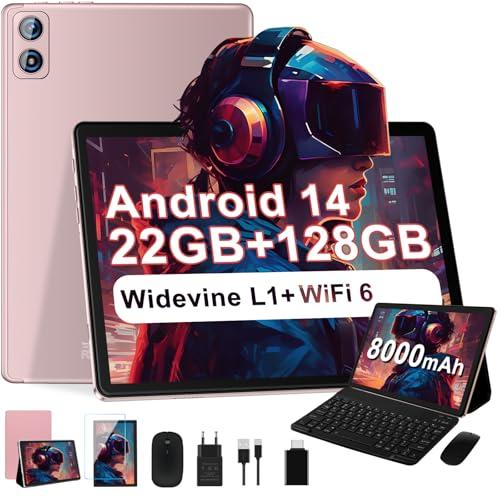 2025 Newest Tablet Android 14 Tablet 10 Pulgadas, 22(6+16)GB RAM+128GB ROM/TF 2TB, 8000mAh, 8 Core CPU, 3D Face ID, Widevine L1, WLAN 6, BT5.0, GPS, 5MP+8MP, Tablet con Teclado+Ratón MetÃlica Oro