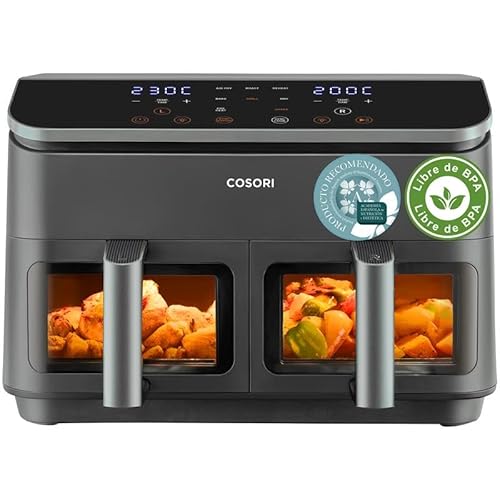 45% DESCUENTO Cosori Freidora de Aire Grande con Doble Cesta 8,5L Air Fryer, Alta Pontencia y Velocidad, Max 8 10 Personas, 10 Funciones, Acero Inox Interior con Fianza, Más Sano, Panel Táctil Intuitivo, Limpiable