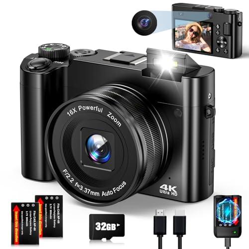 20% DESCUENTO Cámara Digital 4K Cámara De Fotos con Enfoque Automático 64MP Cámara Compacta con Duales Cámara, Zoom Digital 16X, Tarjeta De 32GB, 2 Baterías, Antivibración para Adolescentes, Principiantes (Negro)