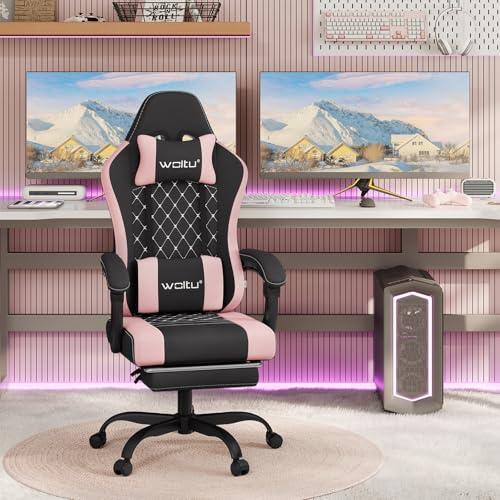 20% DESCUENTO WOLTU Silla Gaming Ergonómica, Silla Oficina con Soporte Lumbar Masaje y Reposapiés Extraible, Silla Giratoria con Gran Asiento de Muelle, Capacidad de 150 kg, Tela de Malla Negro+Rosa,GS15swr