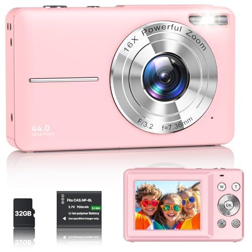 40% DESCUENTO Cámara Digital 1080P Cámara de Fotos HD 44MP Cámara Digital Compacta con Pantalla LCD de 2,4 Pulgadas, Zoom Digital 16X, Tarjeta de Memoria Micro de 32G, 1 Batería para Niños, Adolescentes Rose
