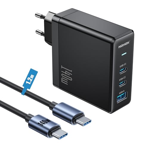 NOHON 140W Cargador USB C Rápido Adaptador: PD 3.0 GAN Fuente de Alimentación con 140W 1,2 M Cable Tipo C Carga Rápida, 3 Puertos Compatible con iPhone 12 13 14 15 16 MacBook iPad Laptop Samsung S24