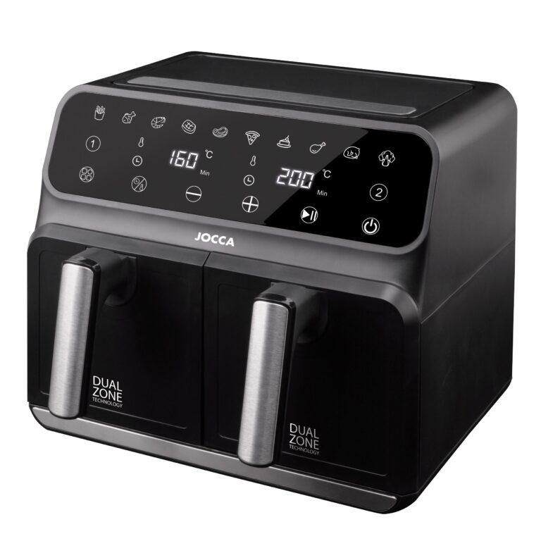 Freidora digital Jocca de aire caliente con dos cubetas independientes con 4 litros de capacidad cada una, pantalla táctil con 10 funciones pre-programadas, temperatura y tiempo ajustable, apagado automático, libre de BPA & PFOA y 1700W de potencia | Miravia