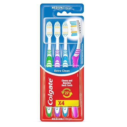 25% DESCUENTO Colgate Extra Clean Cepillo de Dientes Dureza Media, Pack 2+2, Limpieza Profunda, Mantiene los Dientes Sanos, Limpiador de Lengua, Elimina las Bacterias Causantes del Mal Aliento, Multicolor