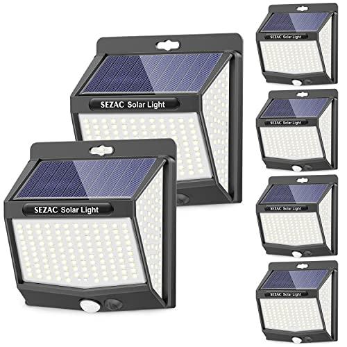 SEZAC Luz Solar Exterior [6 Paquete/3 Modes] 270° Súper Brillante Focos Led Exterior Solares con Sensor de Movimiento, IP65 Luces Solares Led Exterior Jardin para Garajes, Caminos, Puertas Delanteras