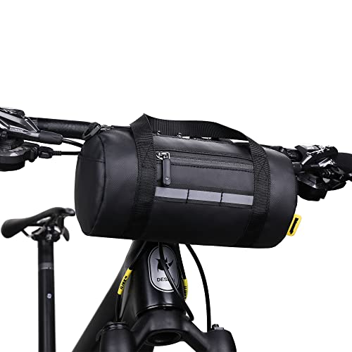 WILDKEN Bolsa Multifuncional para Manillar de Bicicleta,Cestade Almacenamiento de Marco Frontal de Bicicleta,Bolsa de Manillar con Tira Reflectante,Incluye Correa para el Hombro Extraíble(Negro)