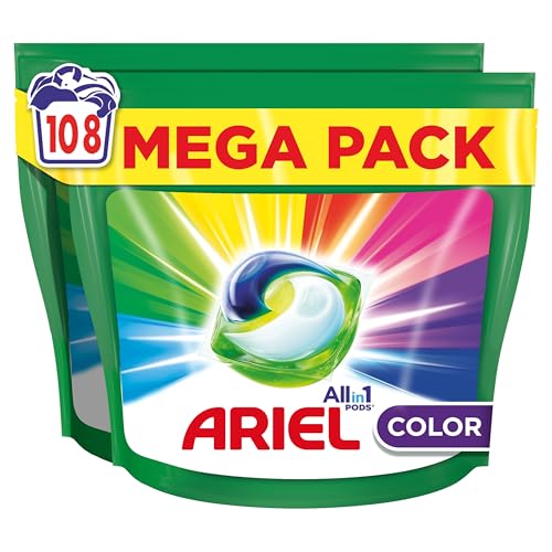 27% DESCUENTO ARIEL PODS Todo en 1 Detergente Lavadora Liquido en Capsulas/Pastillas, 108 Lavados (2×54), Jabon Limpieza Profunda, Mas Color, Cuidado Extra del Color y el Brillo