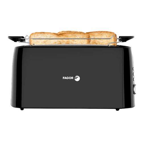 39% DESCUENTO Fagor LongToast Duo – Tostadora de Doble Ranura Larga, 1550W, 6 Niveles de Tostado, 3 Funciones, Elevación Alta, Base Antideslizante, Bandeja Recogemigas, Negro Brillante