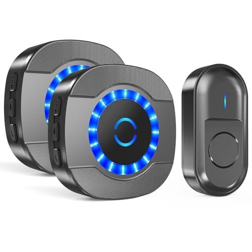 SURFOU Timbre Inalámbrico Impermeable con 2 Receptores Enchufe, Timbre Puerta de Casa de 300m Alcance para Interior y Exterior, 55 Melodías Ajutables, 5 Niveles de Volumen, Indicador LED, Negro